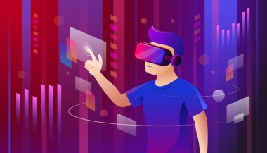 VR Kulaklıklı Adam Veriye Dokunma, Metaverse Teknoloji Konsepti