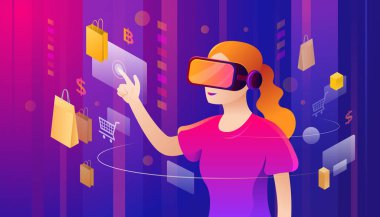 VR Kulaklıklı Kadın Alışveriş İçin Dokunma, Metaverse Kavramı