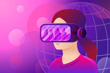 Şehir Yansıması VR Kulaklıklı Kadın, Metaverse Teknoloji Konsepti