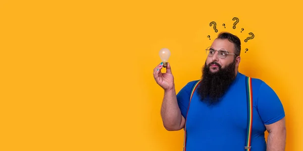 Bearded funny big man with glases, a bulb, question marks around his head and a sceptical expression