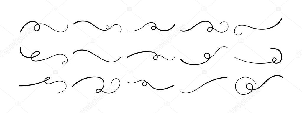 Swoosh underline hand drawing set. Calligraphic inscriptions emphasize the curved line. Vector typography elements. Collection of black brush strokes isolated on white background. Ornament of tails.