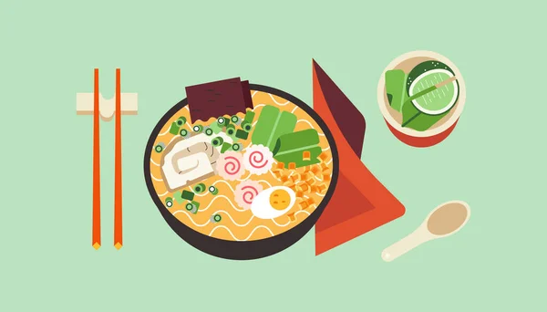 Mie Ramen Mangkuk Dengan Pedas Makanan Thailand Panas Sup Asia - Stok Vektor