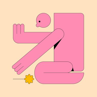 Garip geometrik yaratık. Yüzü ve çiçeği olan saf, sevimli bir karakter. Çeşitli pozlarda modern grafik tasarım tarzı. Bir dikdörtgen içinde izole vektör şekilleri.