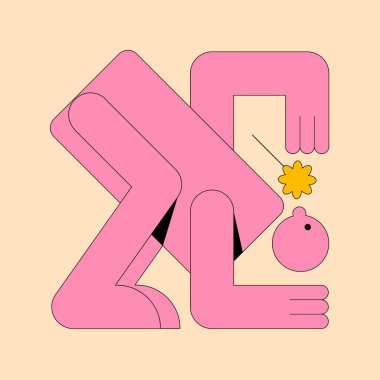 Soyut karakter sembolü. Yüzü ve çiçeği olan saf bir yaratık. Çeşitli pozlarda modern grafik tasarım tarzı. Bir dikdörtgen içinde izole vektör şekilleri.