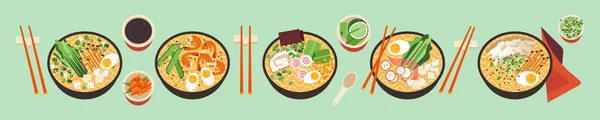 Ramen Noodles Asian Soup Bowl Spicy Hot Thai Food Set - Stok Vektor