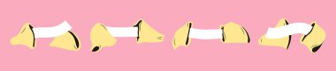 Set of fortune cookies open with a paper of funny predictions. Sweet Chinese Flowerless Wisdom Cookies. Lottery with a surprise in a crunchy dessert. Isolated vector illustration retro style 70s