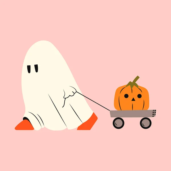 Ghost Pumpkin Halloween Phantom Walks Gurney Kawaii Monster Mystical Drawing — Stock Vector