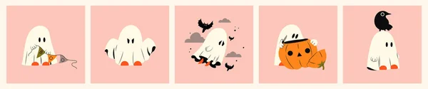 Set Ghost Emotional Expression Halloween Phantom Ghost Different Character Concept Stockvektor
