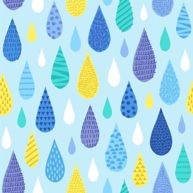 Kusursuz su damlaları yağmur damlacıkları deseni. Tekrarlanan yaratıcı karalama yağmur suyu mavi renkli arka plan düşürür. Çocuksu renkli el çizimi modern geometrik desenli çizgi film baskısı.