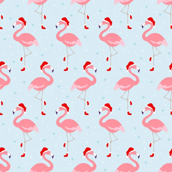 Christmas Pattern Tropical Winter Flamingos Xmas Santa Hat — Stock Vector