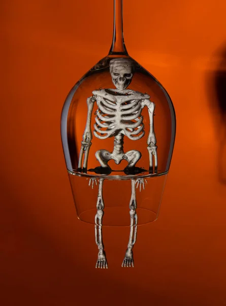 Dummy Skeleton Wineglass Orange Colored Background — Zdjęcie stockowe