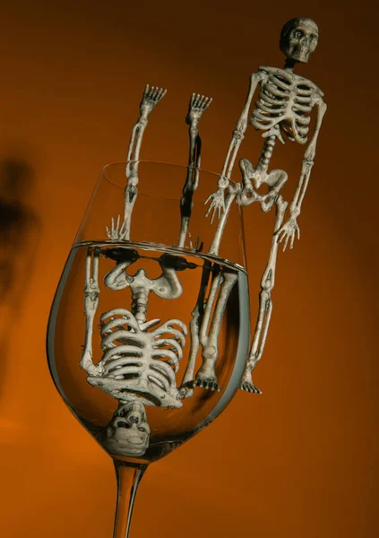 Two Skeletons Wine Glasses Orange Background — стоковое фото