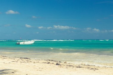 Yazın okyanus plajı, güzel deniz manzarası ve beyaz tekne..