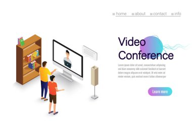 Video konferans inişi. Bilgisayar ekranındaki insanlar iş arkadaşlarıyla birlikte. Video konferans ve online toplantı çalışma alanı vektör sayfası