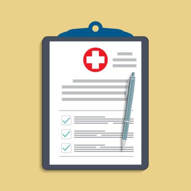 Tıbbi haç ve kalemle dolu bir pano. Klinik kaydı, reçete, talep, tıbbi kontrol notları, sağlık sigortası konseptleri. Birinci kalite. Modern düz tasarım grafik elementleri. Vektör illüstrasyonu.
