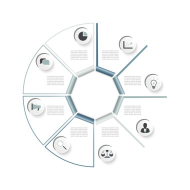 Vektör illüstrasyon bilgileri. 8 seçenekli iş konsepti. İçerik, diyagram, akış şeması, adımlar, parçalar, zaman çizelgesi bilgileri, iş akışı, grafik.