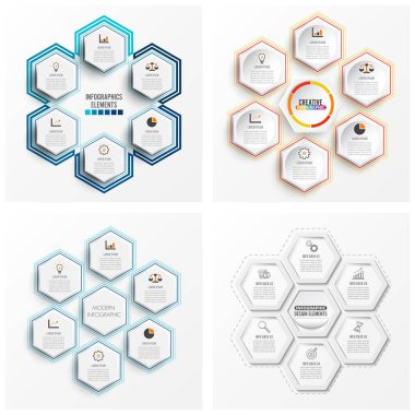 Bilgi grafiklerini 6 seçeneğe ayarla. Broşür şablonu. Seçenekli iş kavramı. Vektör çizimi. İş akışı düzeni, diyagram, iş adım seçenekleri, afiş, web tasarımı için kullanılır.