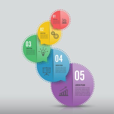 Bilgi grafikleri tasarım vektörü ve pazarlama simgeleri iş akışı düzeni, diyagram, yıllık rapor ve web tasarımı için kullanılabilir. 5 seçeneği, adımı veya süreci olan iş konsepti.