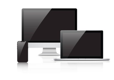 Model aygıt ve aygıt: akıllı telefonlar, tabletler, dizüstü bilgisayarlar ve bilgisayar monitörleri siyah renk ve beyaz arka planda izole edilmiş boş ekran. hisse vektör illüstrasyonu eps10