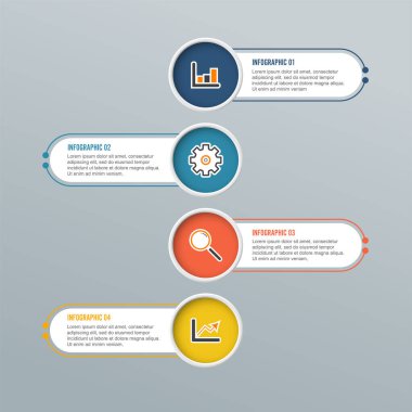 Modern bilgi elementleri. 4 seçenekli vektör pankartı. Daireler ve simgelerle tasarım şablonu. İş akışı düzeni, diyagram, rapor, sayı ve adım seçenekleri, web tasarımı için kullanılabilir.