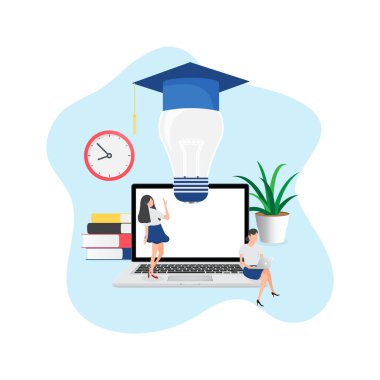 Düz tasarım konsepti online eğitim, eğitim ve kurslar, öğrenme, video dersleri. Web sitesi afişi, pazarlama materyali, sunum şablonu, çevrimiçi reklamcılık için vektör illüstrasyonu.