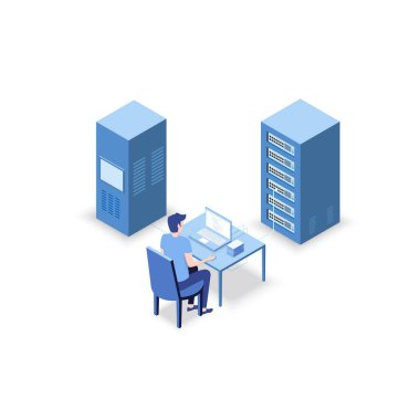 Isometric Vector Illustration diagnostic test in a server computer room. Server test in room. Servers being tested in room. Technology communication . Infographics Stick Figure. 