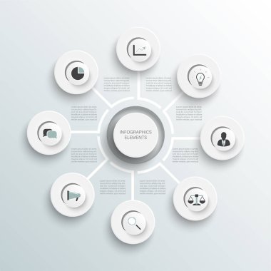 Vektör illüstrasyon bilgileri. 8 seçenekli iş konsepti. İçerik, diyagram, akış şeması, adımlar, parçalar, zaman çizelgesi bilgileri, iş akışı, grafik.