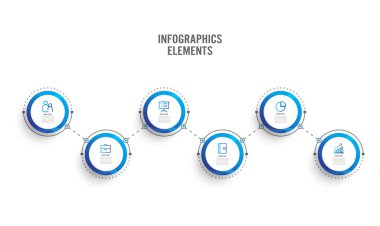 Etiketli grafik bilgi şablonunun soyut unsurları, entegre çemberler. 6 seçenekli iş konsepti. İçerik, diyagram, akış şeması, adımlar, parçalar, zaman çizgisi bilgi grafikleri, iş akışı düzeni.