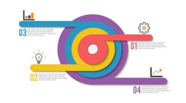İş akışı düzeni, diyagram, yıllık rapor ve web tasarımı için bilgi tasarım vektörü ve pazarlama simgeleri kullanılabilir. 4 seçeneği, adımı veya süreci olan iş konsepti.