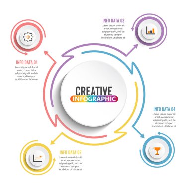 Bilgi için ince düz elementler. Şablon, grafik, sunum ve grafik. 4 seçenekli iş konsepti, parçalar, adımlar veya süreçler. Veri görselleştirme.