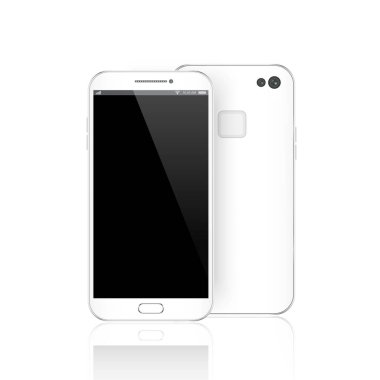 Modern beyaz akıllı telefon izole edilmiş. Vector akıllı telefon illüstrasyonunun önünde ve arkasında. Cep telefonu modelleme arka görüntüsü. 