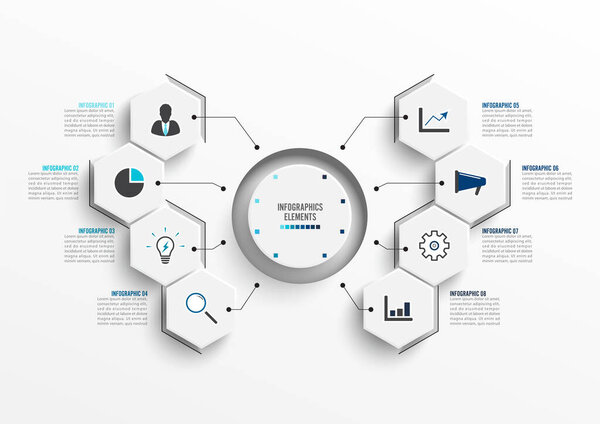 Vector infographic template with 3D paper label, integrated circles. Business concept with 8 options. For content, diagram, flowchart, steps, parts, timeline infographics, workflow, chart.