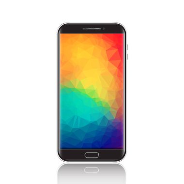 Geometrik çokgen ekran koruyuculu modern akıllı telefon. Gerçekçi detaylı siyah cep telefonu, beyaz arka planda izole edilmiş cep telefonu.