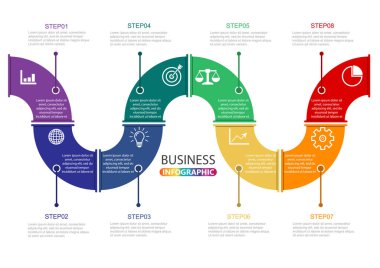8 seçenekli zaman çizelgesi bilgi grafikleri tasarım şablonu, işlem şeması, vektör eps10 illüstrasyonu