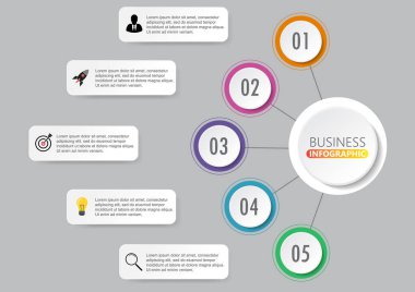 Bilgi grafikleri tasarım vektörü ve pazarlama simgeleri iş akışı düzeni, diyagram, yıllık rapor ve web tasarımı için kullanılabilir. 5 seçeneği, adımı veya süreci olan iş konsepti.