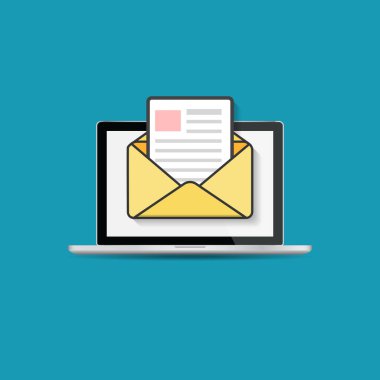 Zarflı dizüstü bilgisayar ve belgesi ekranda. E-posta, e-posta pazarlama, internet reklam kavramları. Düz tasarım vektör çizimi