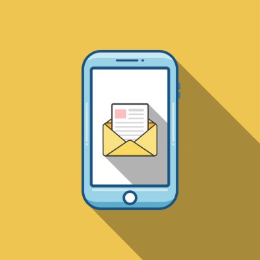 Yeni bir e-posta üstünde senin hareket eden telefon ya da smartphone bildirilmesi. Posta simgesini konuşma balonları. İnce çizgi vektör düz illüstrasyon izole beyaz arka plan üzerinde.