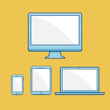 Gadget ve cihaz akıllı telefonlar, tabletler, laptoplar ve sarı arka planda boş ekranlı bilgisayar. hisse vektör illüstrasyonu eps10