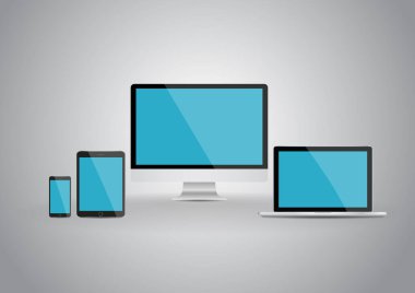 Modern devices mockups for your business projects. Set of laptop, desktop computer, tablet and smartphone with generic look