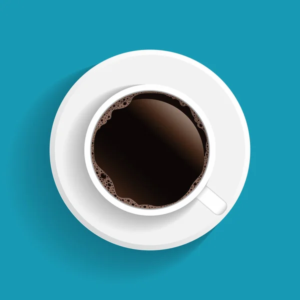 Realista Vista Superior Xícara Café Preto Pires Isolado Fundo Azul — Vetor de Stock