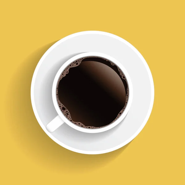Реалистичный Вид Сверху Белый Кофе Чашку Блюдце Изолированы Желтом Фоне — стоковый вектор