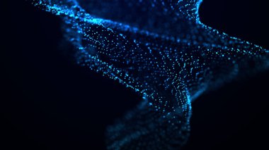 Hareketli noktalı soyut mavi dalga. Parçacık akışı. Teknoloji çizimi. 3d oluşturma