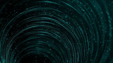 Hareket eden parlayan noktalardan oluşan siber tünel. Gelecekçi sonsuz uzay arkaplanı. Siber uzayda veri transferi kavramı. Yüksek teknolojili illüstrasyon. 3d oluşturma.