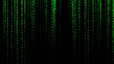 Yeşil matris arka planı. Teknoloji akışı ikili kodu. Dijital çizim. Programlama, kodlama, hackleme ve şifreleme. 3d oluşturma.