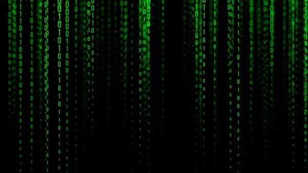 Zielone tło matrycy. Kod binarny strumienia technologii. Cyfrowa ilustracja. Programowanie, kodowanie, hakowanie i szyfrowanie. 3d renderowanie. — Zdjęcie stockowe