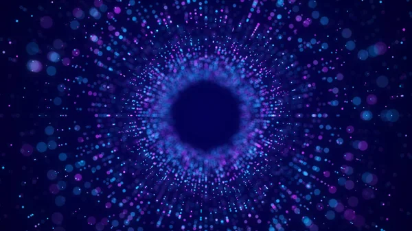 Cyber-Tunnel, bestehend aus beweglichen Leuchtpunkten. Futuristischer unendlicher Weltraum-Hintergrund. Konzept der Datenübertragung im Cyberspace. Hi-tech illustration. 3D-Darstellung. — Stockfoto