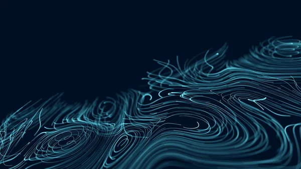 Абстрактная волна с движущимися точками и линиями. Поток частиц. Иллюстрация кибертехнологий. 3d-рендеринг — стоковое фото
