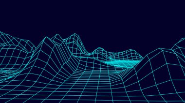 Teknoloji kablo çerçevesi. Gelecekçi çokgen arazi arka planı. Dijital vektör çizimi. Retro tasarımı.