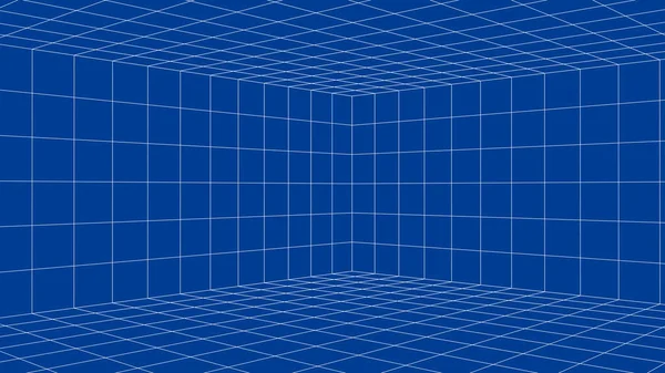 Wireframe Room Blue Background Digital Vector Perspective Grid Box Design — 图库矢量图片