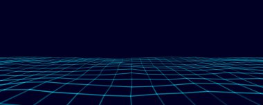 Soyut mavi perspektif ızgarası. Geçmişe dönük dijital arkaplan. Siyah arka planda siber manzara. Vektör illüstrasyonu.